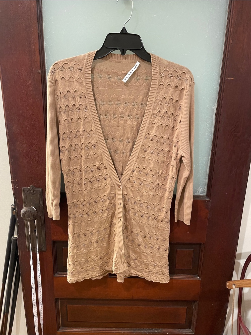 Trina Turk Beige Openwork Knit Long Cardigan